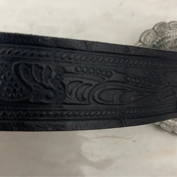 Ralph Lauren Black Tooled Leather Concho Belt